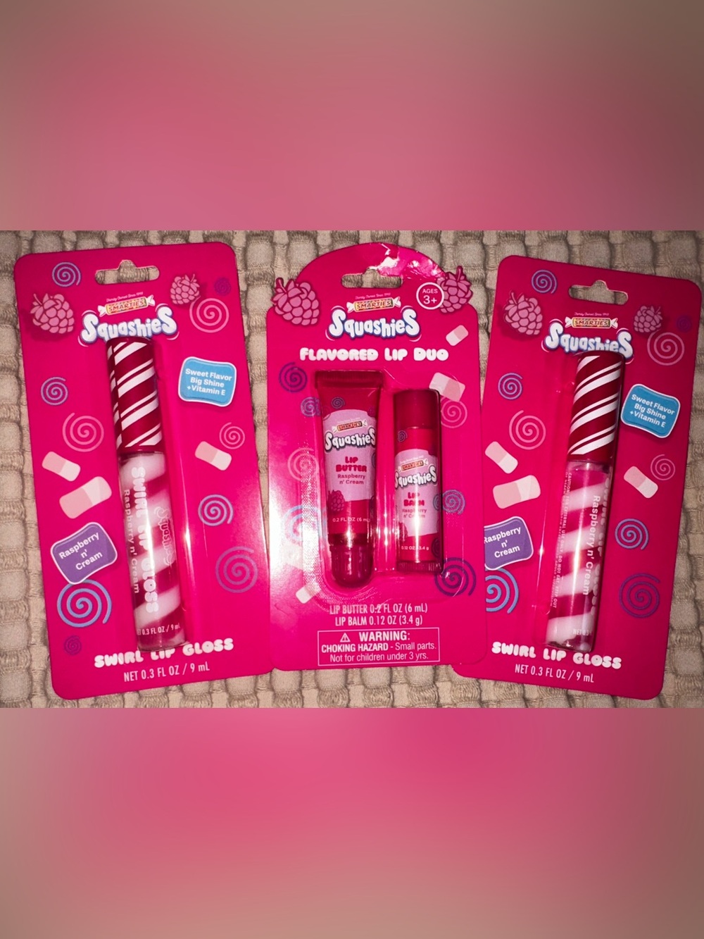 🌺3pk SMARTIES SQUASHIES RASPBERRY CREAM Flavor SWIRL LIPGLOSS WITH CHAPSTICK.
